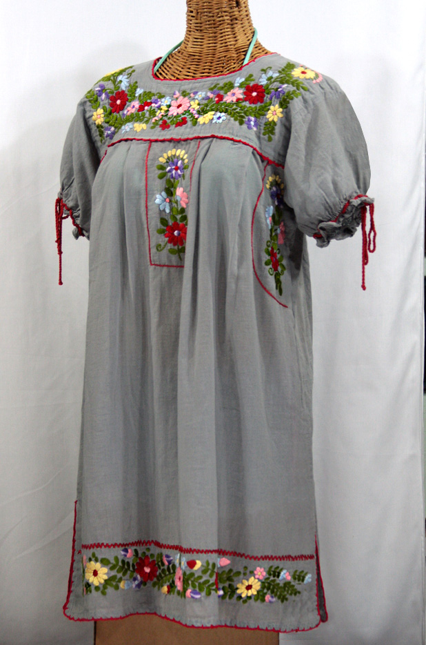 "La Antigua" Embroidered Mexican Style Peasant Dress - Grey + Red Trim