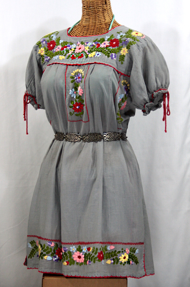 "La Antigua" Embroidered Mexican Style Peasant Dress - Grey + Red Trim