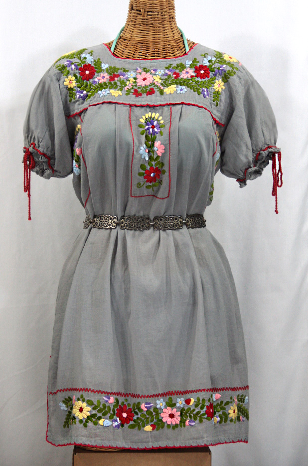 "La Antigua" Embroidered Mexican Style Peasant Dress - Grey + Red Trim