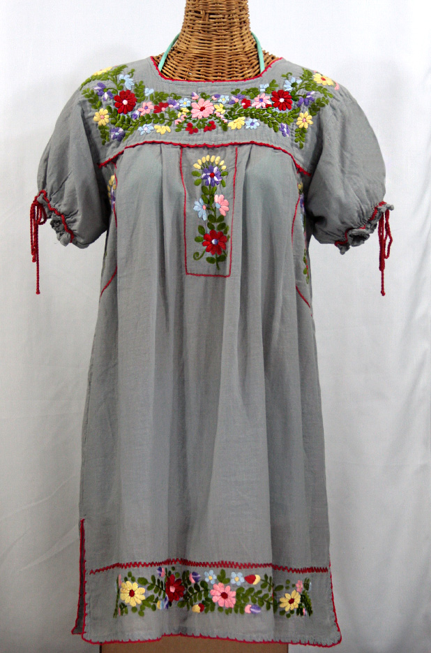 "La Antigua" Embroidered Mexican Style Peasant Dress - Grey + Red Trim