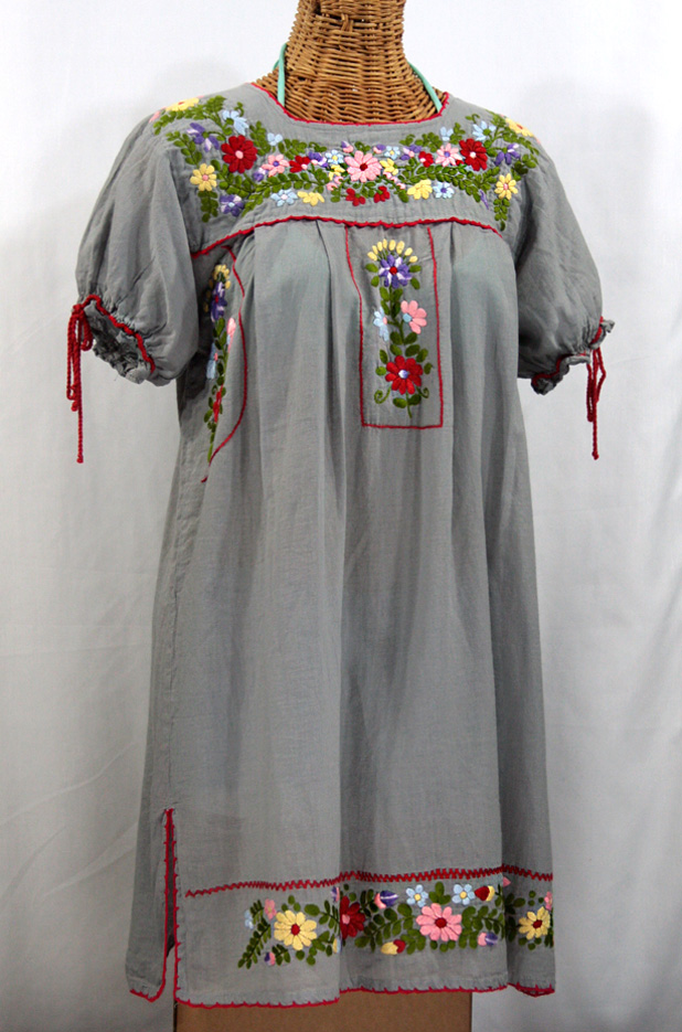 "La Antigua" Embroidered Mexican Style Peasant Dress - Grey + Red Trim