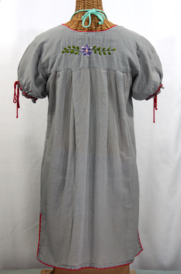 "La Antigua" Embroidered Mexican Style Peasant Dress - Grey + Red Trim