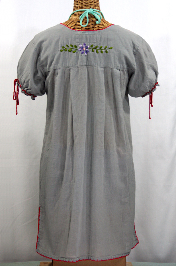 "La Antigua" Embroidered Mexican Style Peasant Dress - Grey + Red Trim