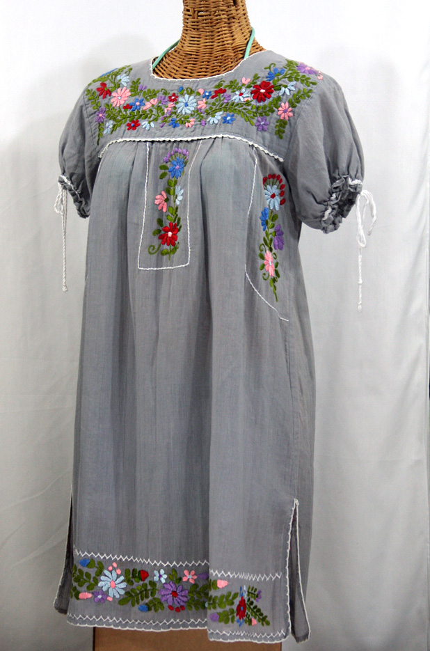 "La Antigua" Embroidered Mexican Style Peasant Dress - Grey + White Trim