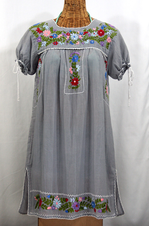 "La Antigua" Embroidered Mexican Style Peasant Dress - Grey + White Trim