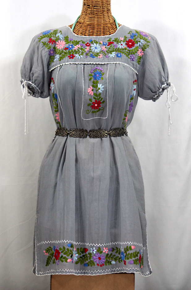 "La Antigua" Embroidered Mexican Style Peasant Dress - Grey + White Trim