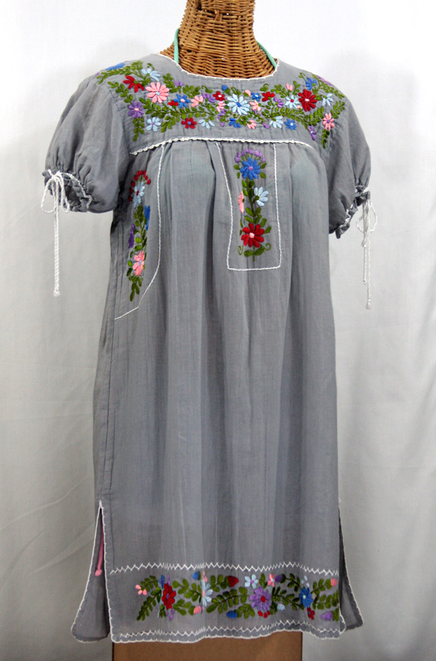 "La Antigua" Embroidered Mexican Style Peasant Dress - Grey + White Trim