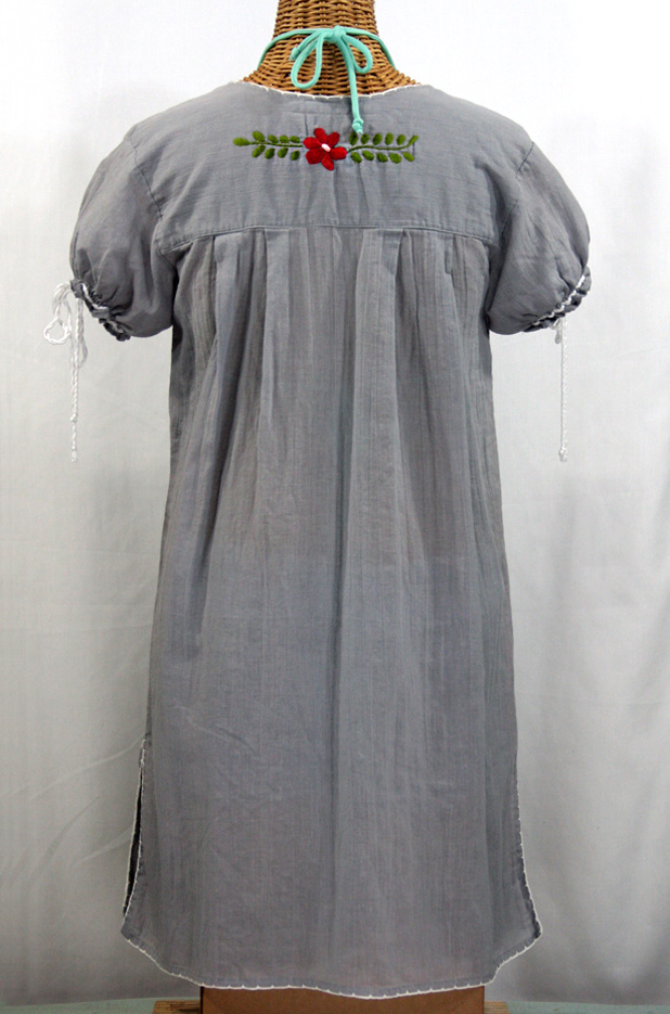 "La Antigua" Embroidered Mexican Style Peasant Dress - Grey + White Trim