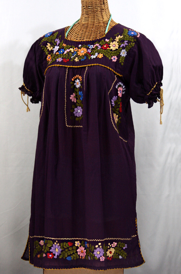 "La Antigua" Embroidered Mexican Dress - Plum