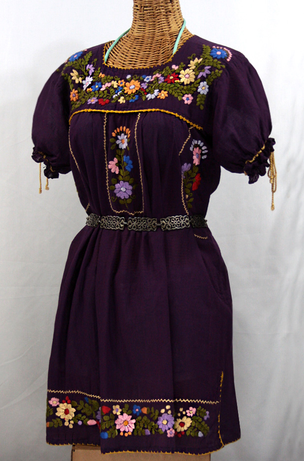 "La Antigua" Embroidered Mexican Dress - Plum