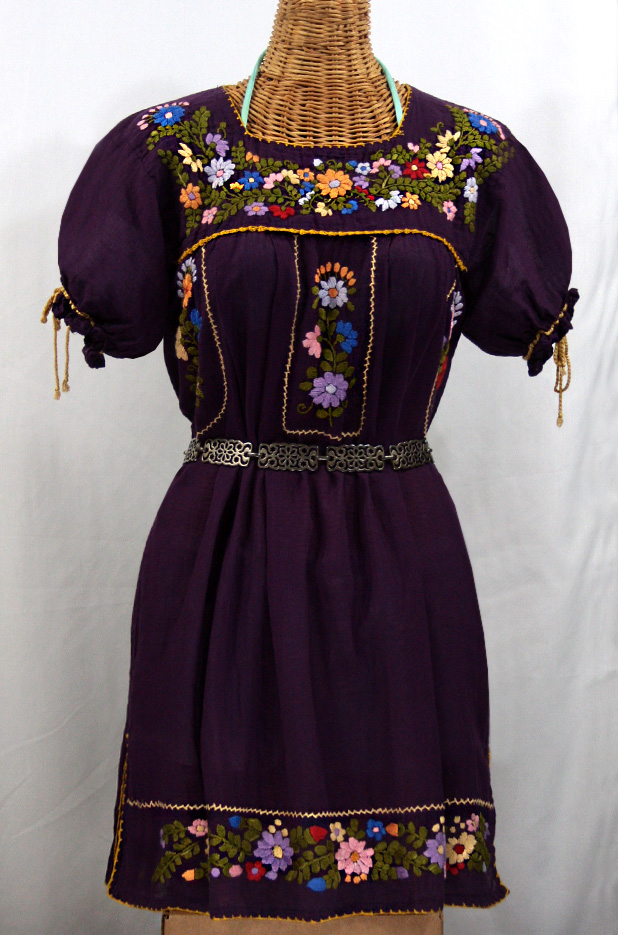 "La Antigua" Embroidered Mexican Dress - Plum