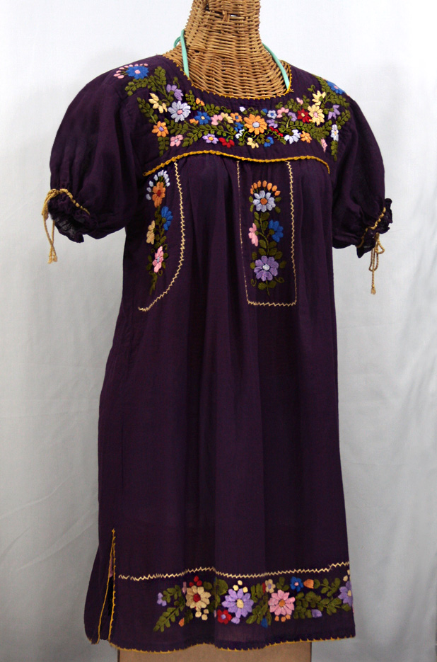 "La Antigua" Embroidered Mexican Dress - Plum