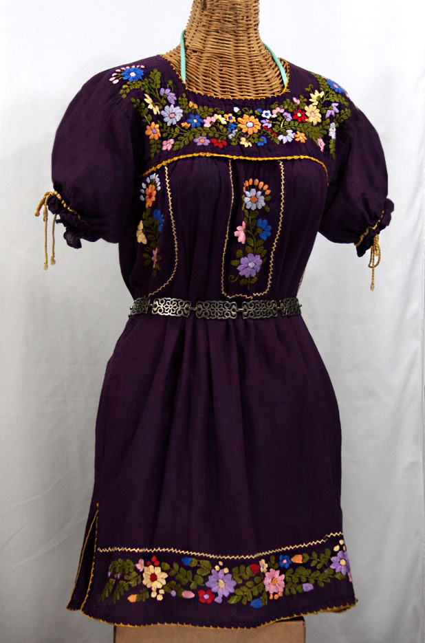 "La Antigua" Embroidered Mexican Dress - Plum