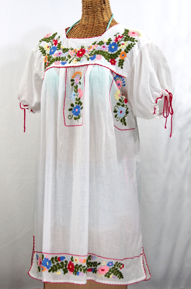 "La Antigua" Embroidered Mexican Style Peasant Dress - White