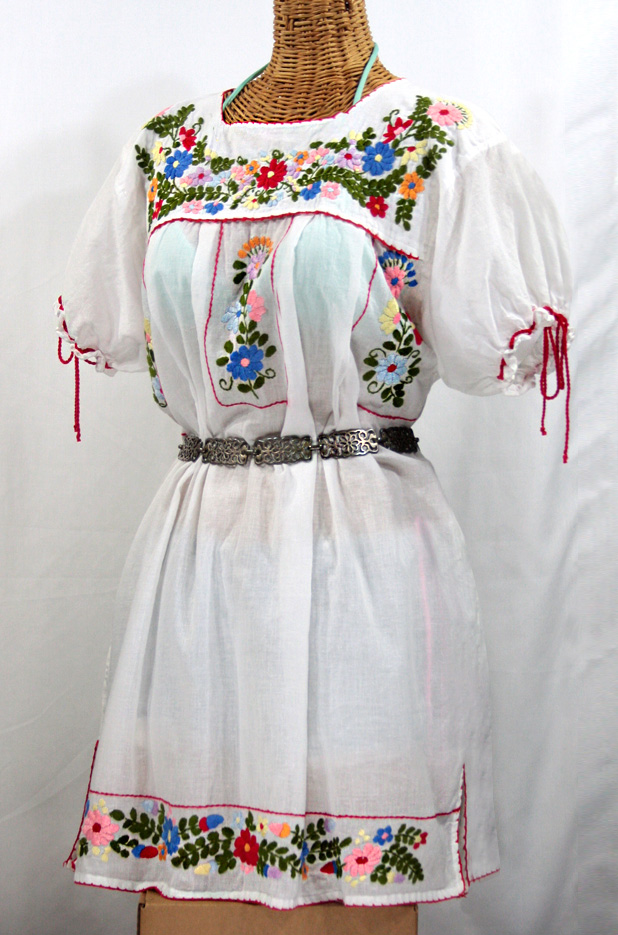 "La Antigua" Embroidered Mexican Style Peasant Dress - White