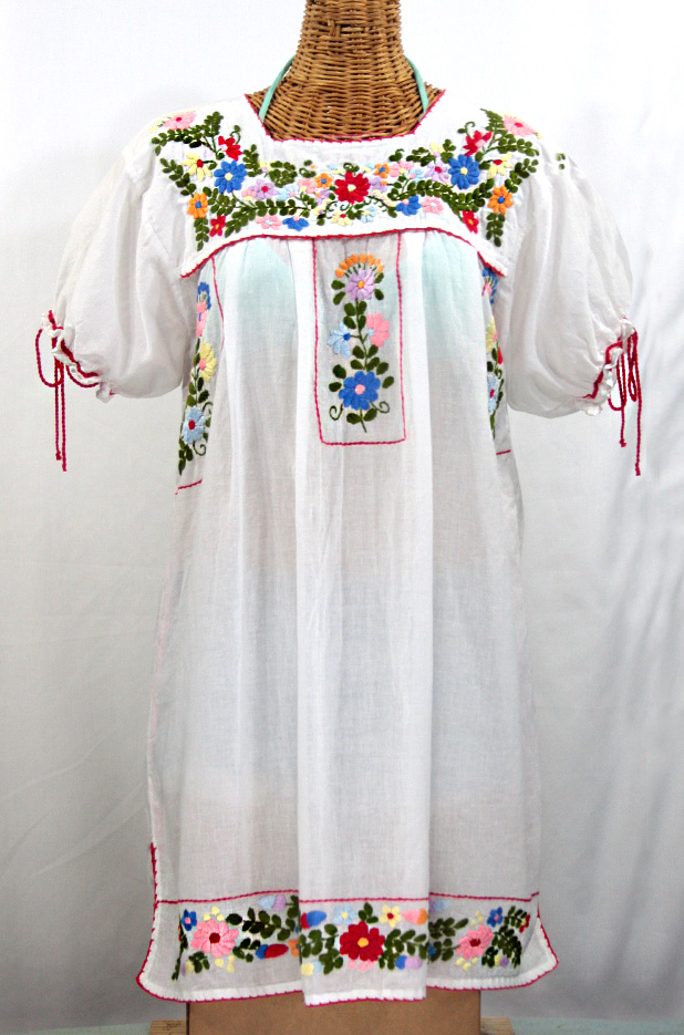 "La Antigua" Embroidered Mexican Style Peasant Dress - White