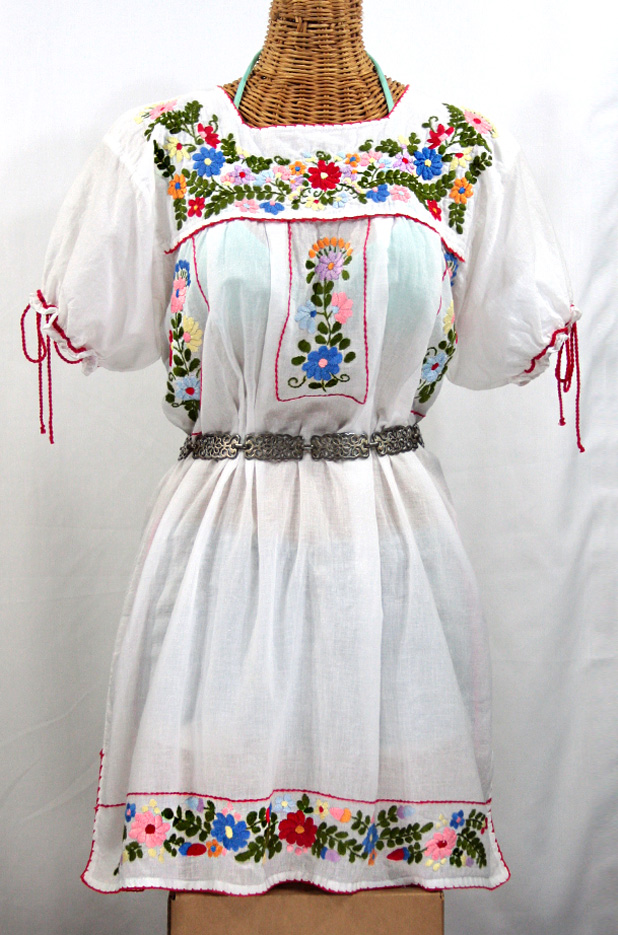 "La Antigua" Embroidered Mexican Style Peasant Dress - White