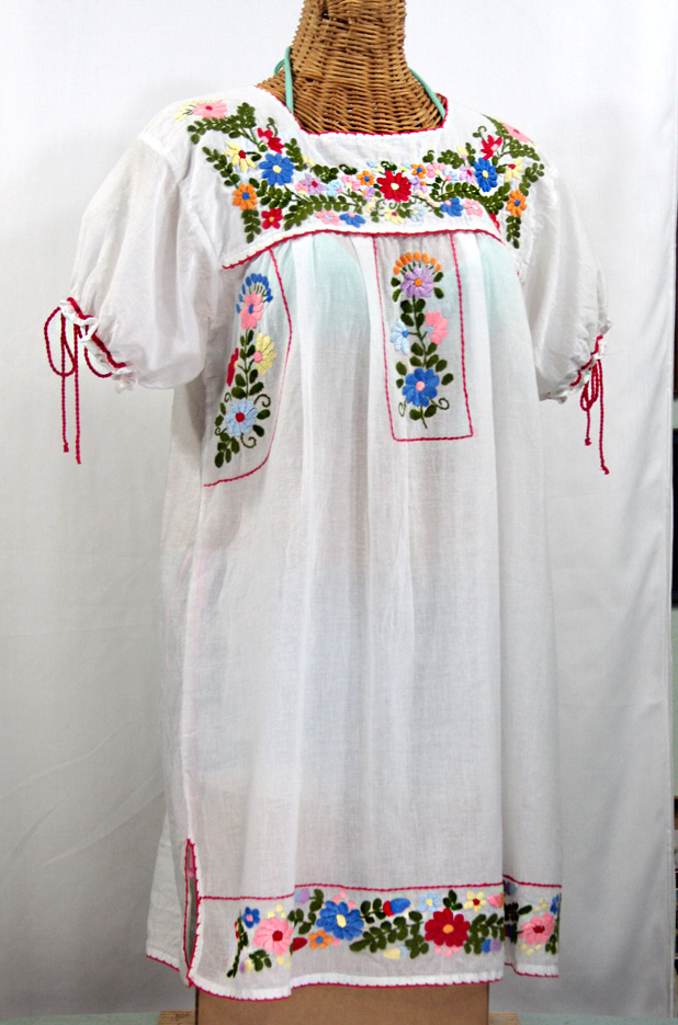 "La Antigua" Embroidered Mexican Style Peasant Dress - White