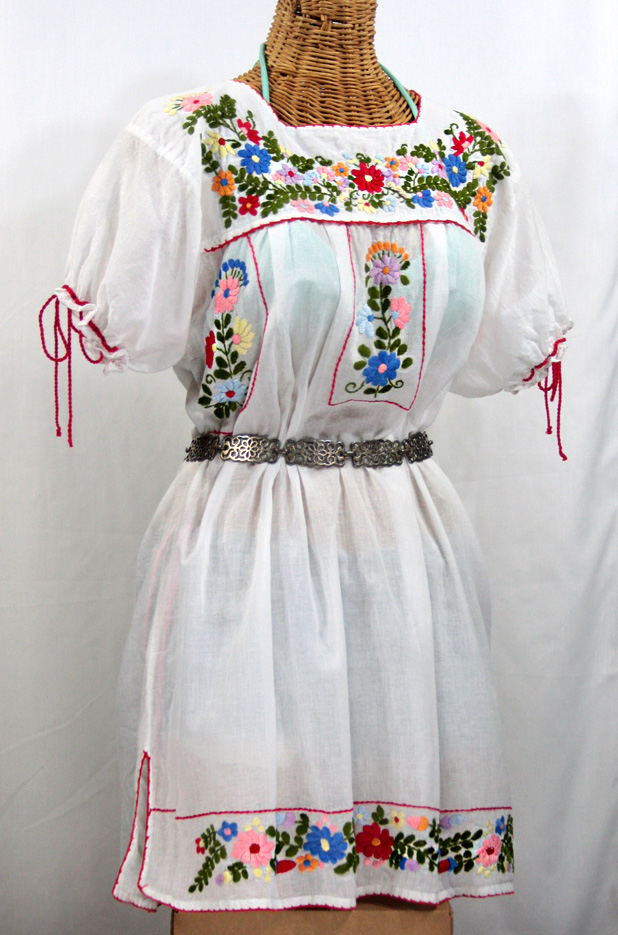 "La Antigua" Embroidered Mexican Style Peasant Dress - White