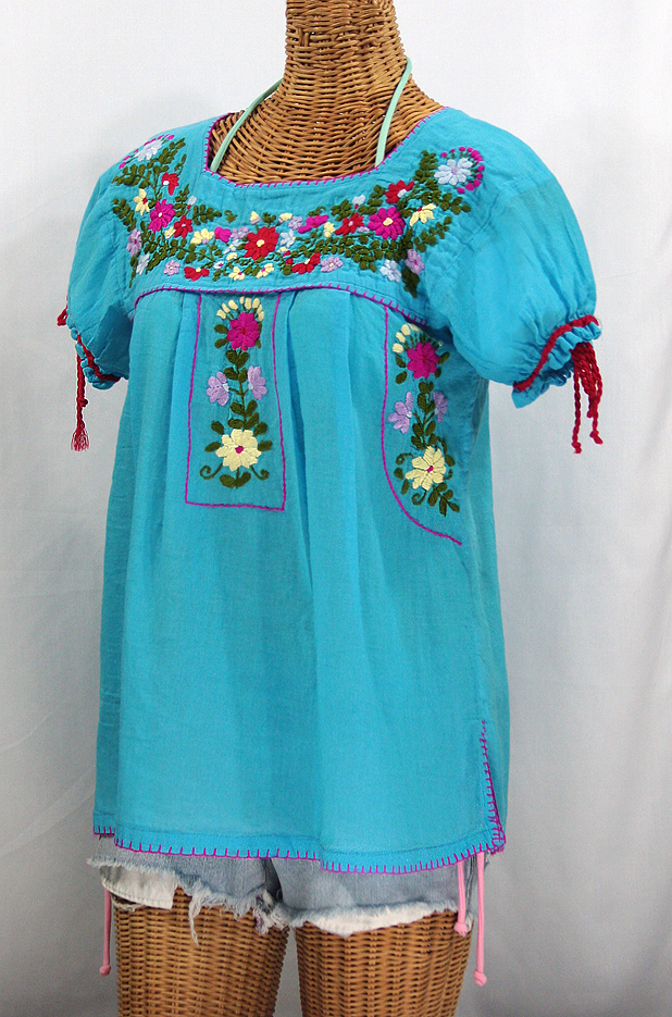 "La Antiguita" Embroidered Mexican Style Peasant Blouse - Aqua