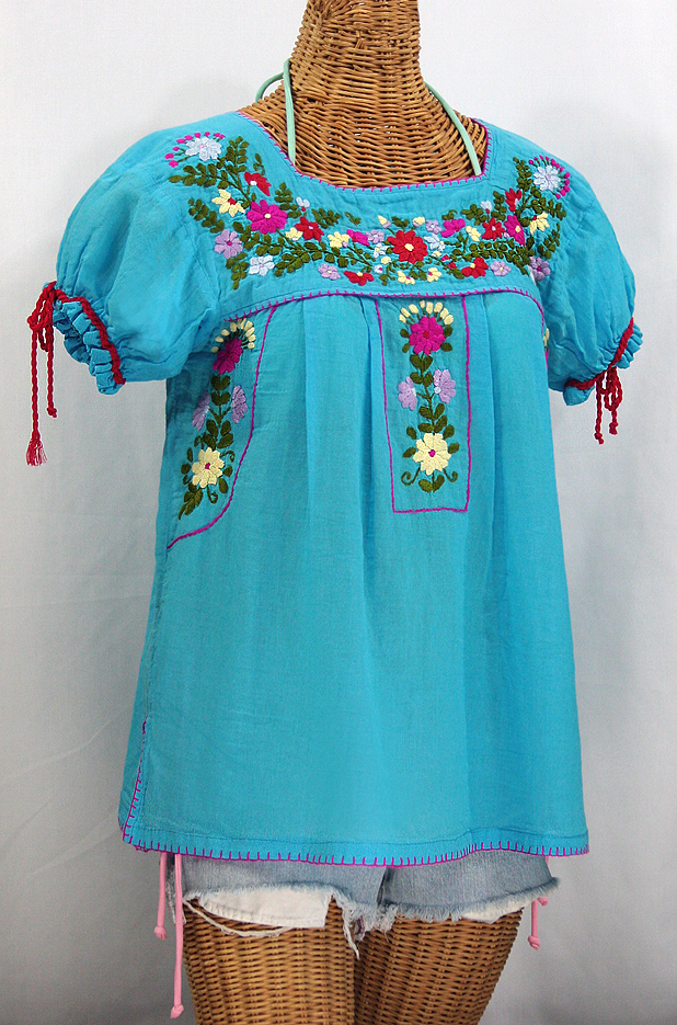 "La Antiguita" Embroidered Mexican Style Peasant Blouse - Aqua