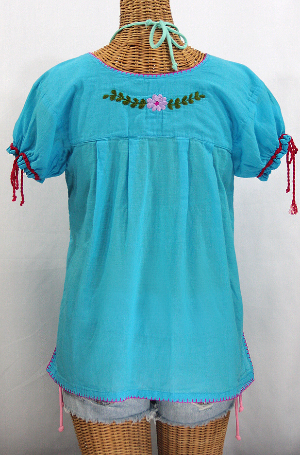 "La Antiguita" Embroidered Mexican Style Peasant Blouse - Aqua