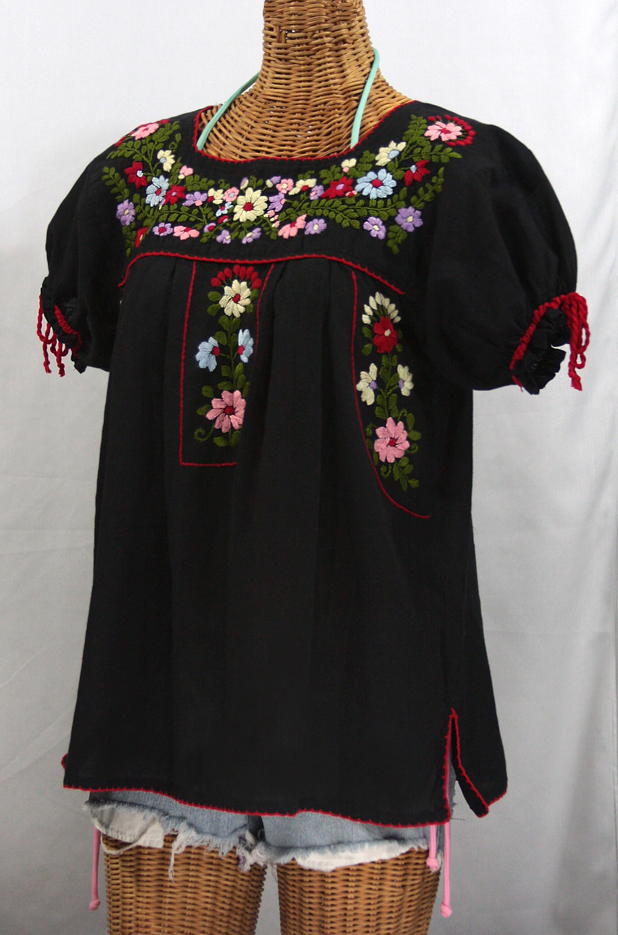 "La Antiguita" Embroidered Mexican Style Peasant Blouse - Black + Red