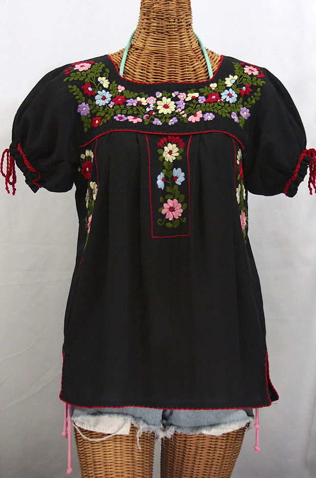 "La Antiguita" Embroidered Mexican Style Peasant Blouse - Black + Red