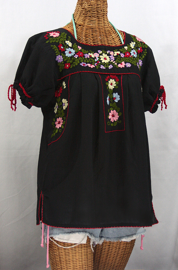 "La Antiguita" Embroidered Mexican Style Peasant Blouse - Black + Red