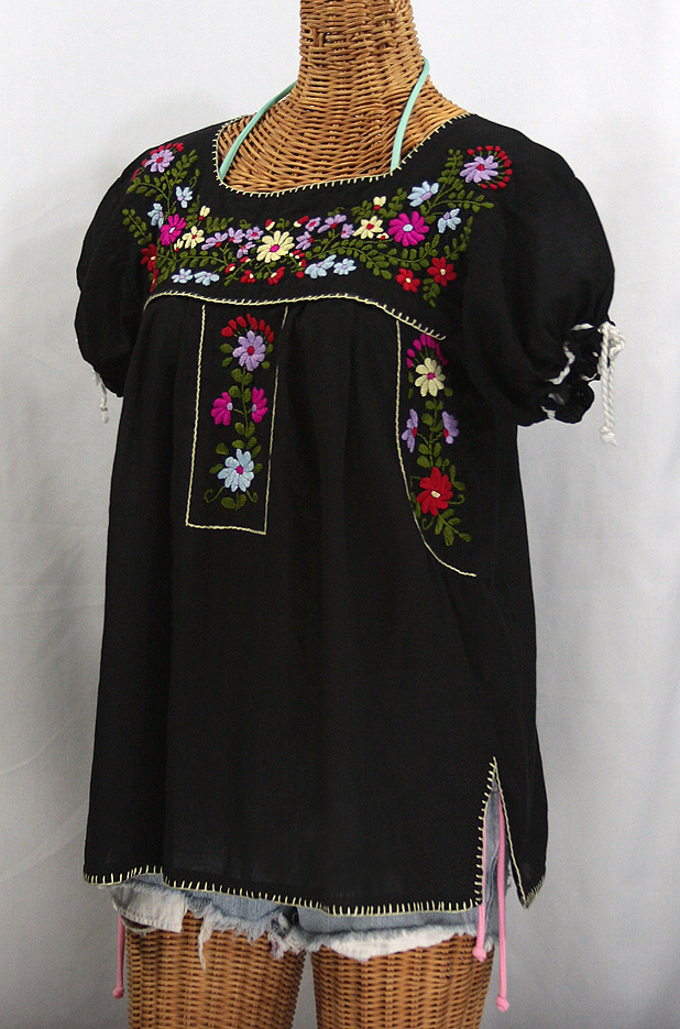 "La Antiguita" Embroidered Mexican Style Peasant Blouse - Black