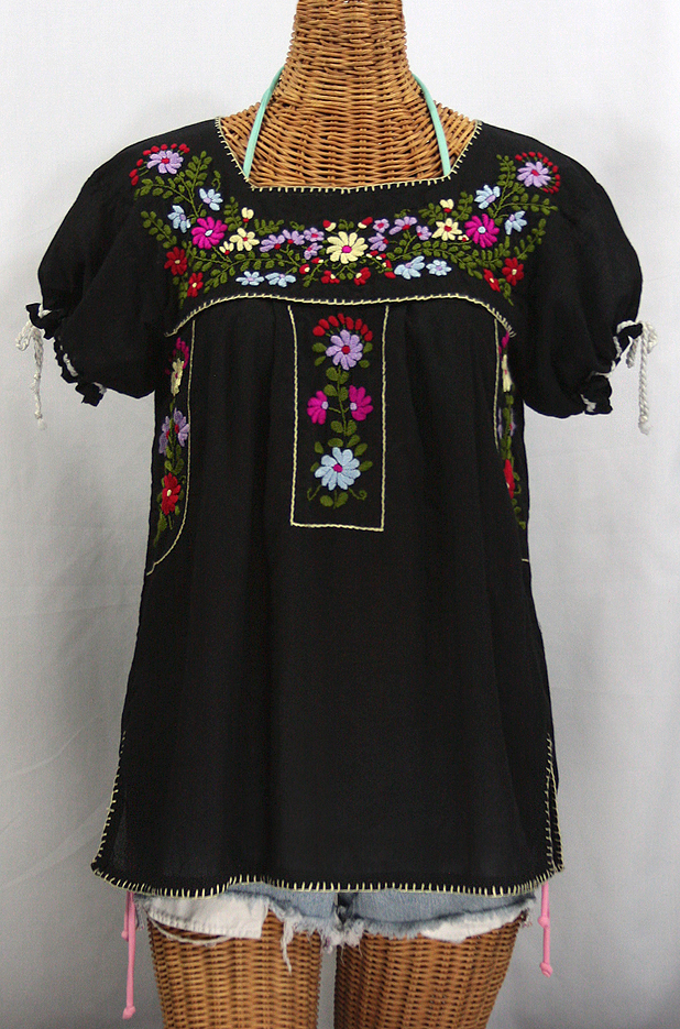 "La Antiguita" Embroidered Mexican Style Peasant Blouse - Black