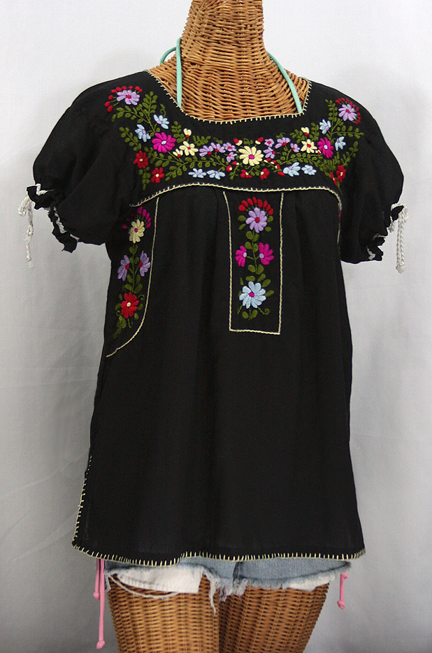 "La Antiguita" Embroidered Mexican Style Peasant Blouse - Black
