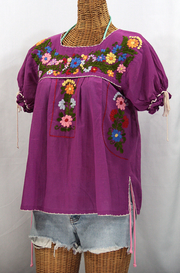 "La Antiguita" Embroidered Mexican Style Peasant Blouse - Fuchsia + Ivory Trim
