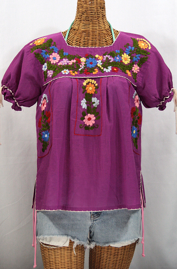 "La Antiguita" Embroidered Mexican Style Peasant Blouse - Fuchsia + Ivory Trim