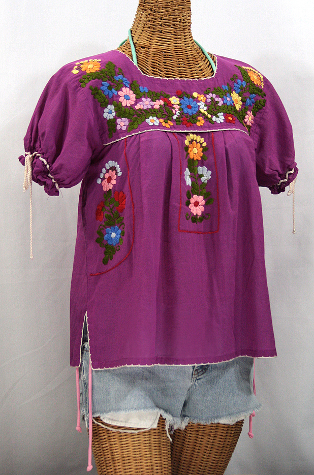 "La Antiguita" Embroidered Mexican Style Peasant Blouse - Fuchsia + Ivory Trim