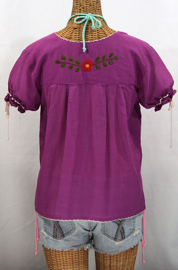 "La Antiguita" Embroidered Mexican Style Peasant Blouse - Fuchsia + Ivory Trim