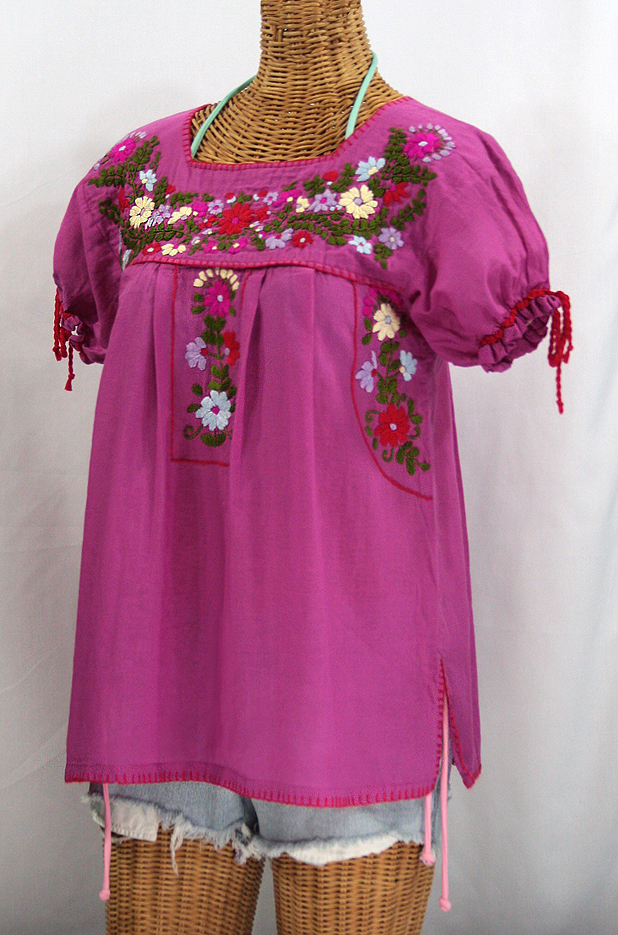 "La Antiguita" Embroidered Mexican Style Peasant Blouse - Fuchsia Pink