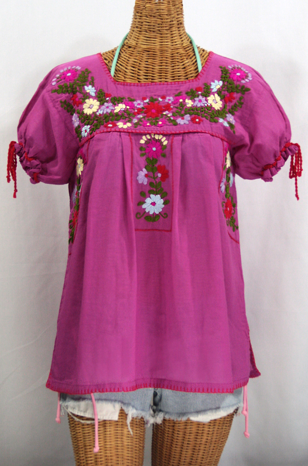 "La Antiguita" Embroidered Mexican Style Peasant Blouse - Fuchsia Pink