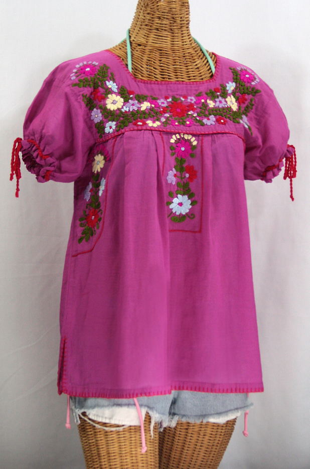 "La Antiguita" Embroidered Mexican Style Peasant Blouse - Fuchsia Pink