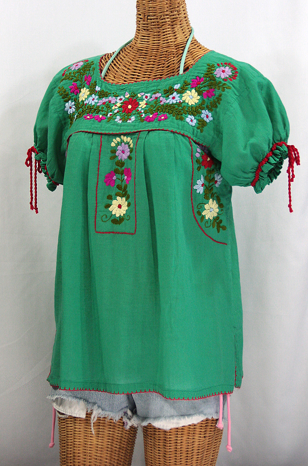 "La Antiguita" Embroidered Mexican Style Peasant Blouse - Green