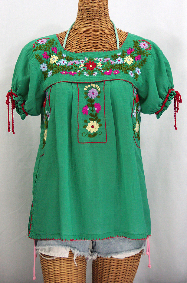 "La Antiguita" Embroidered Mexican Style Peasant Blouse - Green