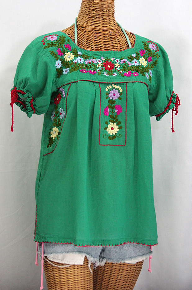 "La Antiguita" Embroidered Mexican Style Peasant Blouse - Green