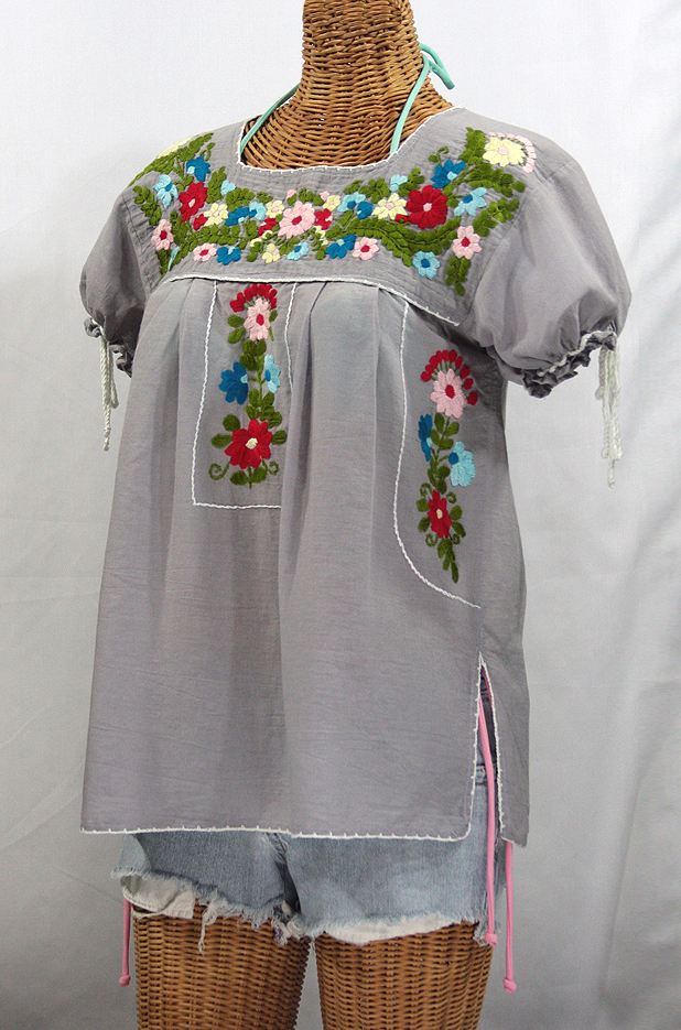 "La Antiguita" Embroidered Mexican Style Peasant Blouse - Grey