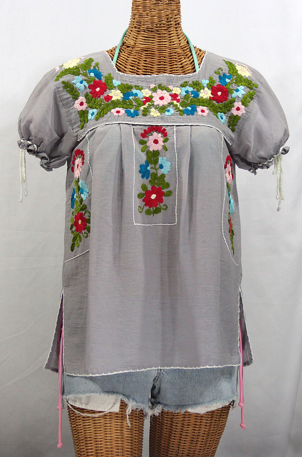 "La Antiguita" Embroidered Mexican Style Peasant Blouse - Grey