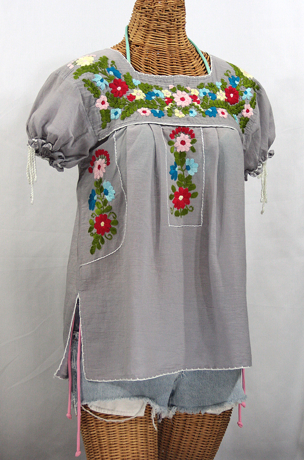 "La Antiguita" Embroidered Mexican Style Peasant Blouse - Grey