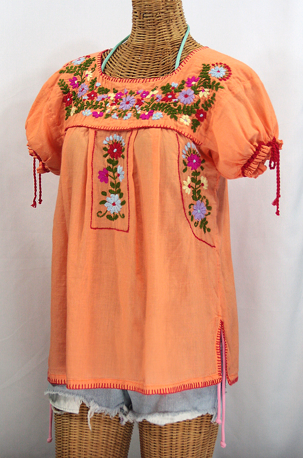 "La Antiguita" Embroidered Mexican Style Peasant Blouse - Orange Cream