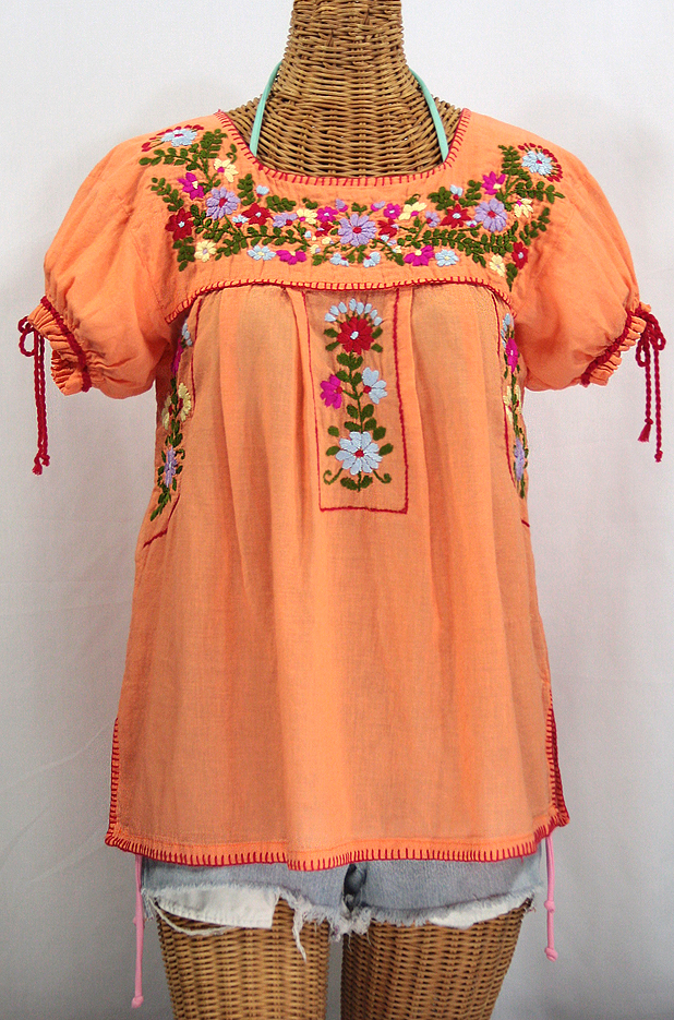 "La Antiguita" Embroidered Mexican Style Peasant Blouse - Orange Cream