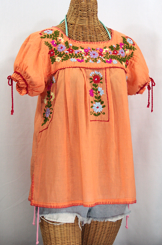 "La Antiguita" Embroidered Mexican Style Peasant Blouse - Orange Cream