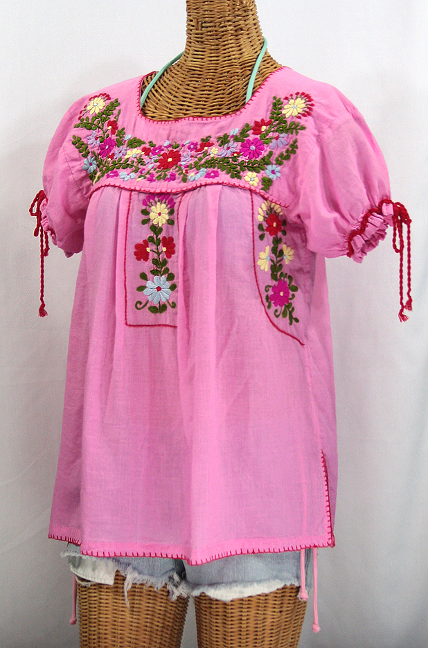 "La Antiguita" Embroidered Mexican Style Peasant Blouse - Bubblegum