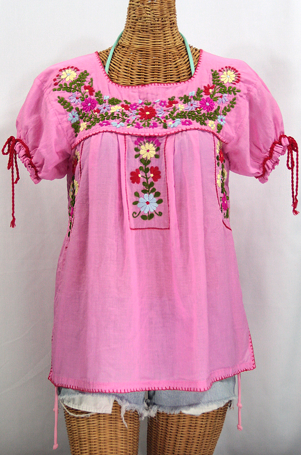 "La Antiguita" Embroidered Mexican Style Peasant Blouse - Bubblegum